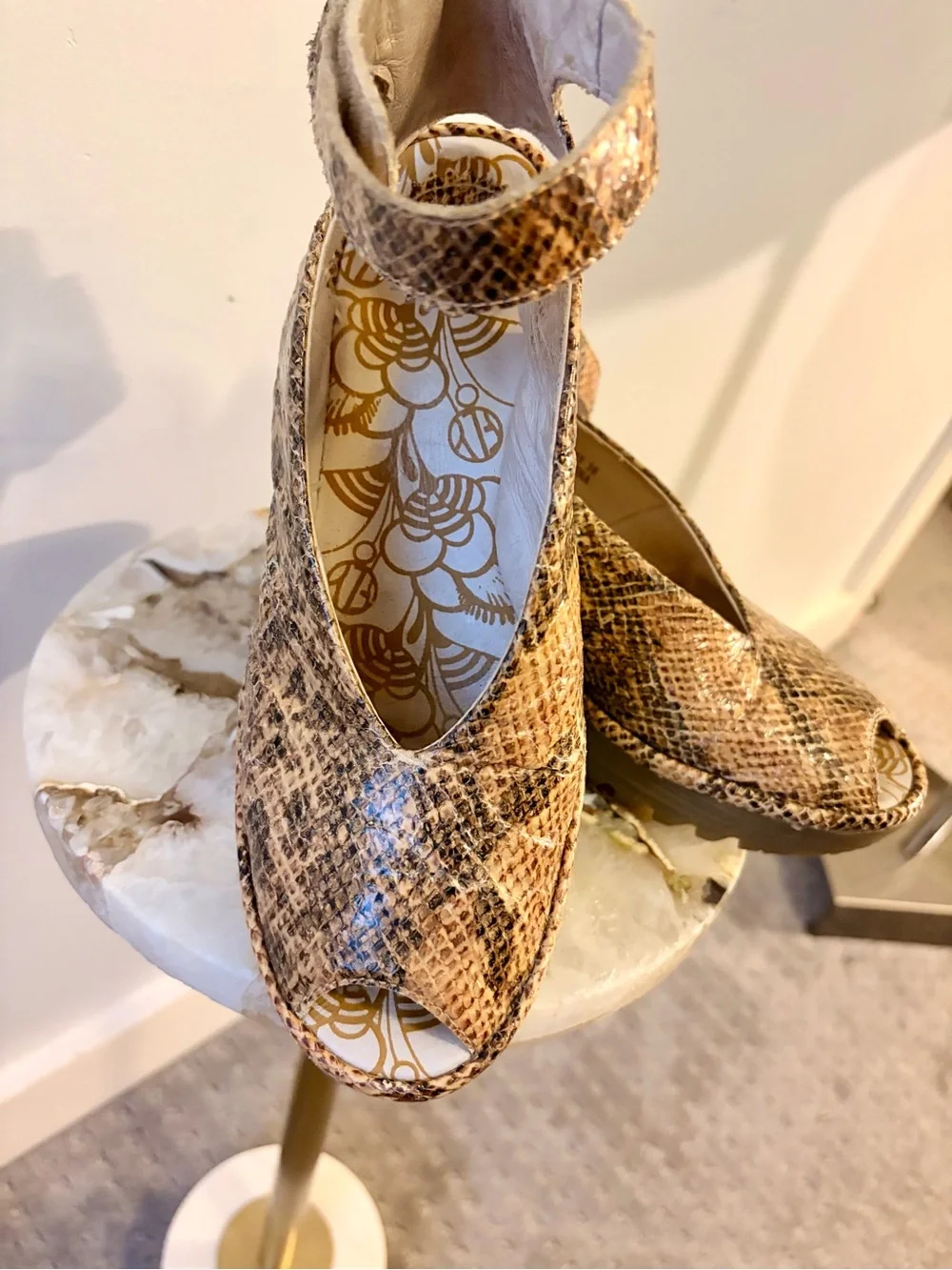Fly London Women's Tan Snakeskin Wedge Sandals